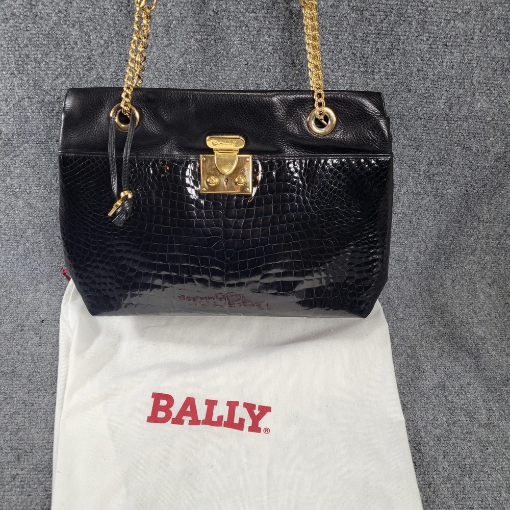 Bally Shoulder Bag Womens Large Black Leather Croc Embossed Chain Strap Purse